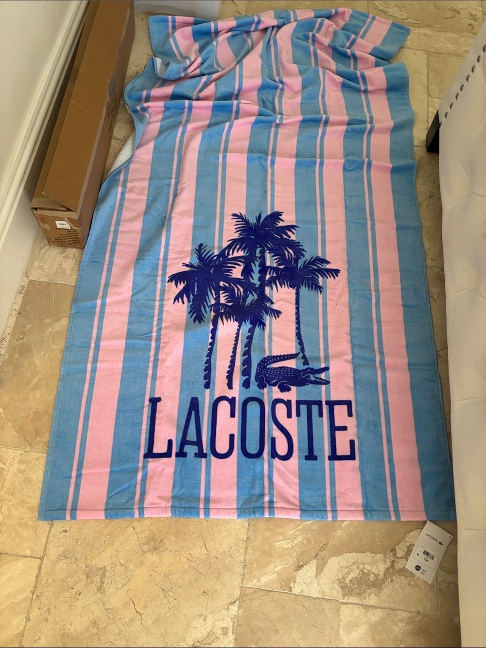 Lacoste Blue and Pink Striped Palm Tree Beach Towel NWT size 36 x 72